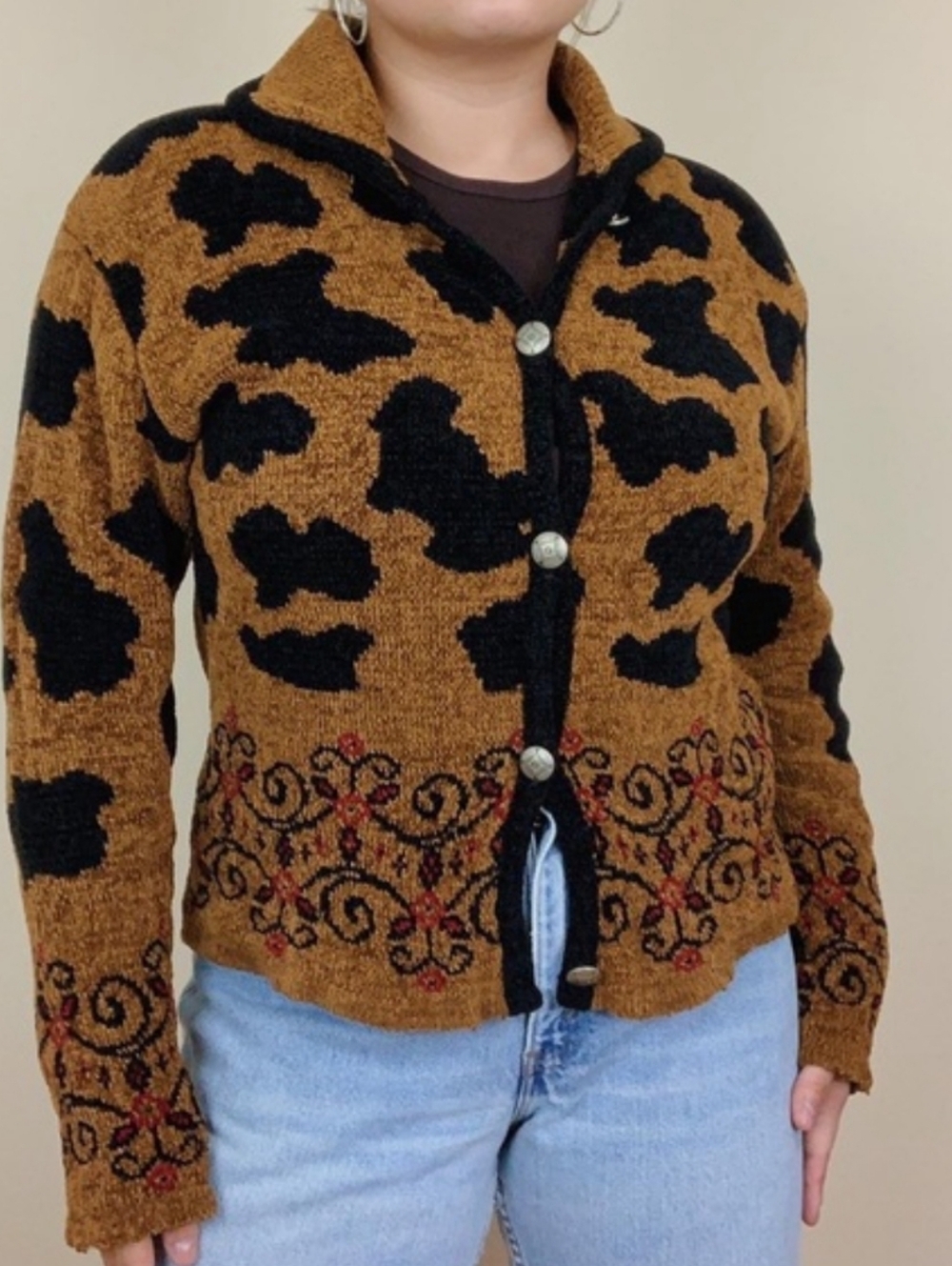Tsunami Brown and Black Cow Patterned Women's Cardigan Sweater_M - Picture 4 of 8